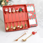 WALFOS 6PCS Christmas Gift Glod Spoon Fork Set Elk Christmas Tree Decoration Dessert Scoop Fruit Fork Coffee Spoon Cutlery Set - Walfos® Kitchenware