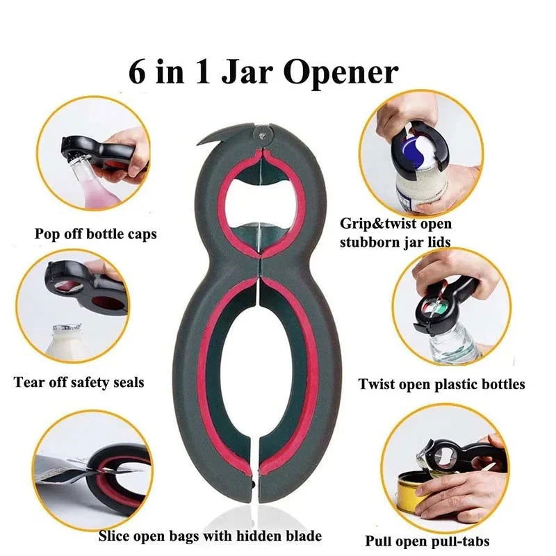 WALFOS 6 in 1 Multi Function Can Beer Bottle Opener All in One Jar Gripper Can Beer Lid Twist Off Jar Wine Opener Claw - Walfos® Kitchenware