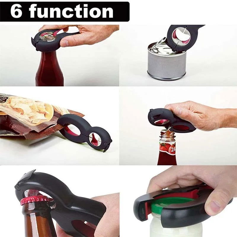 WALFOS 6 in 1 Multi Function Can Beer Bottle Opener All in One Jar Gripper Can Beer Lid Twist Off Jar Wine Opener Claw - Walfos® Kitchenware