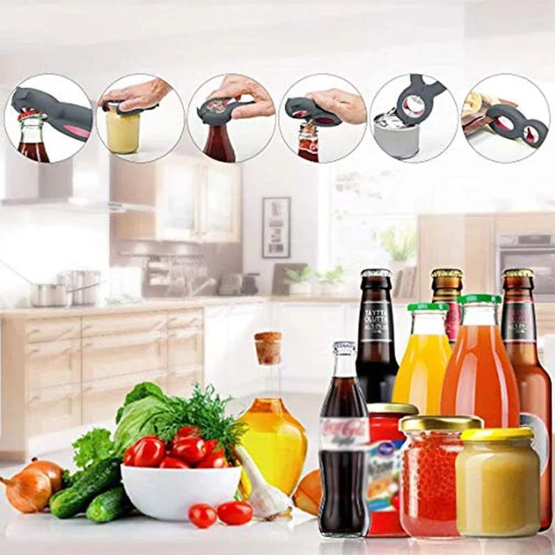 WALFOS 6 in 1 Multi Function Can Beer Bottle Opener All in One Jar Gripper Can Beer Lid Twist Off Jar Wine Opener Claw - Walfos® Kitchenware