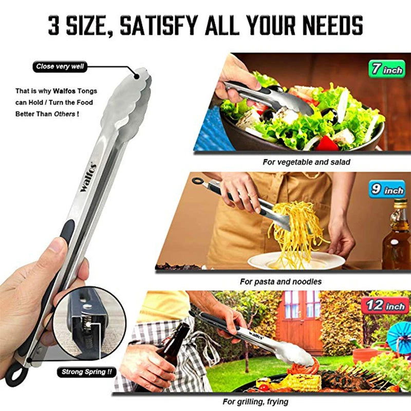 WALFOS BBQ Grilling Tong Salad Serving Food Tong Stainless Steel Metal Kitchen Tongs Barbecue Cooking Locking Tong Food BBQ Clip - Walfos® Kitchenware