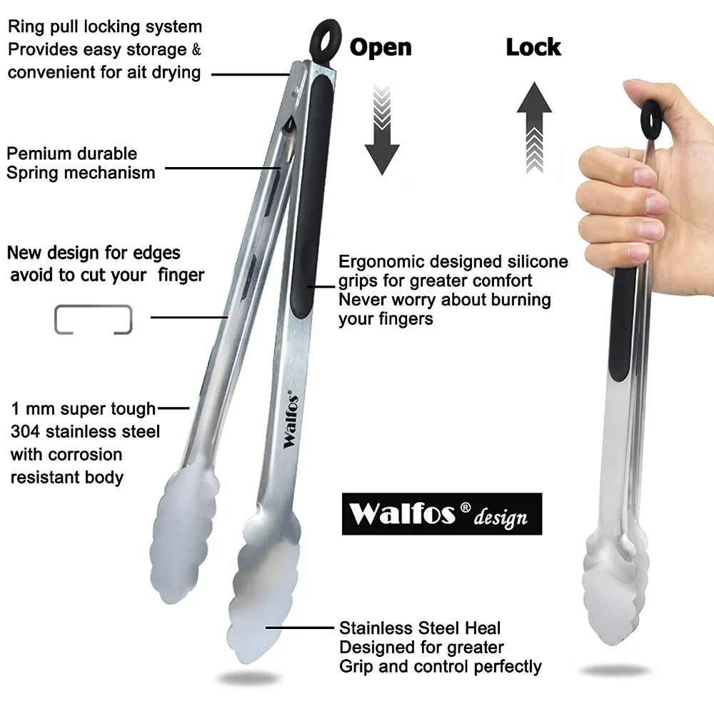 WALFOS BBQ Grilling Tong Salad Serving Food Tong Stainless Steel Metal Kitchen Tongs Barbecue Cooking Locking Tong Food BBQ Clip - Walfos® Kitchenware