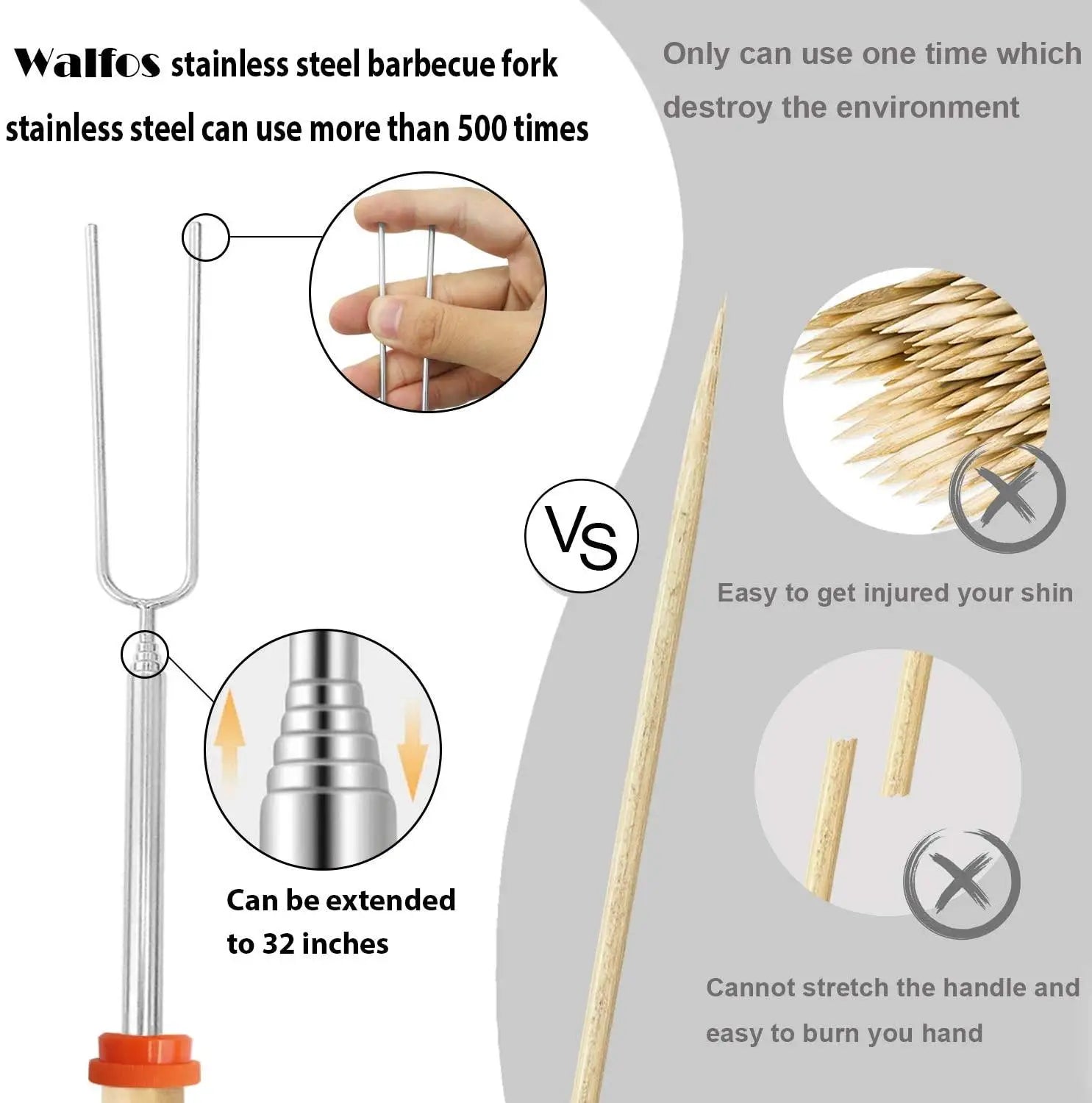 WALFOS Double Metal Skewers For Barbecue Skewers Tools Stainless Steel BBQ Grill Fork Marshmallow Sticks Kitchen Accessories - Walfos® Kitchenware