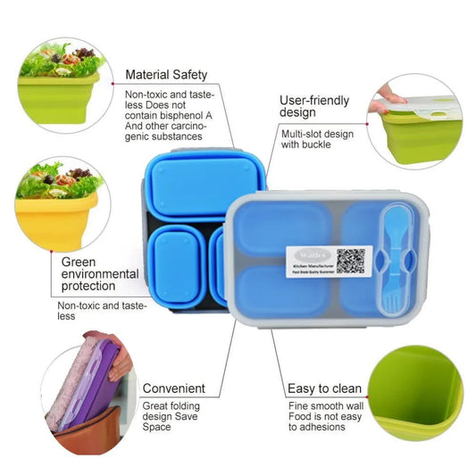 WALFOS  Food Grade Silicone Microwave 3-Compartments Bento Lunch Box Set For Kids Lunchbox Microwaveable Bento Box For Adults - Walfos® Kitchenware