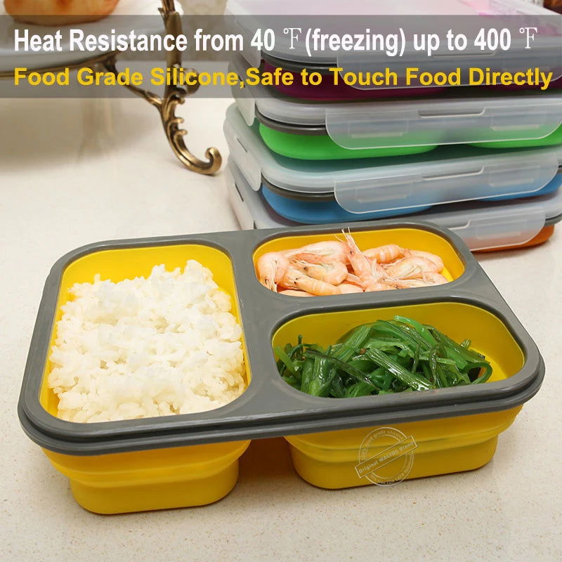 WALFOS  Food Grade Silicone Microwave 3-Compartments Bento Lunch Box Set For Kids Lunchbox Microwaveable Bento Box For Adults - Walfos® Kitchenware
