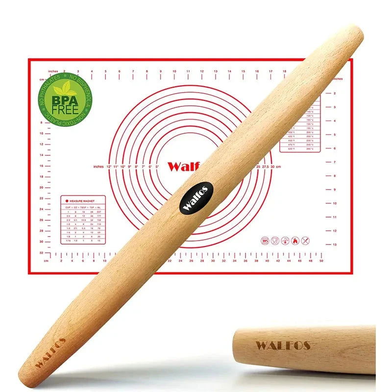 WALFOS French Rolling Pin and Silicone Pastry Mat Set Beech Wood Rolling Pin 18 Inch For Best Pie Crust Cookie Pasta Pizza Doug - Walfos® Kitchenware
