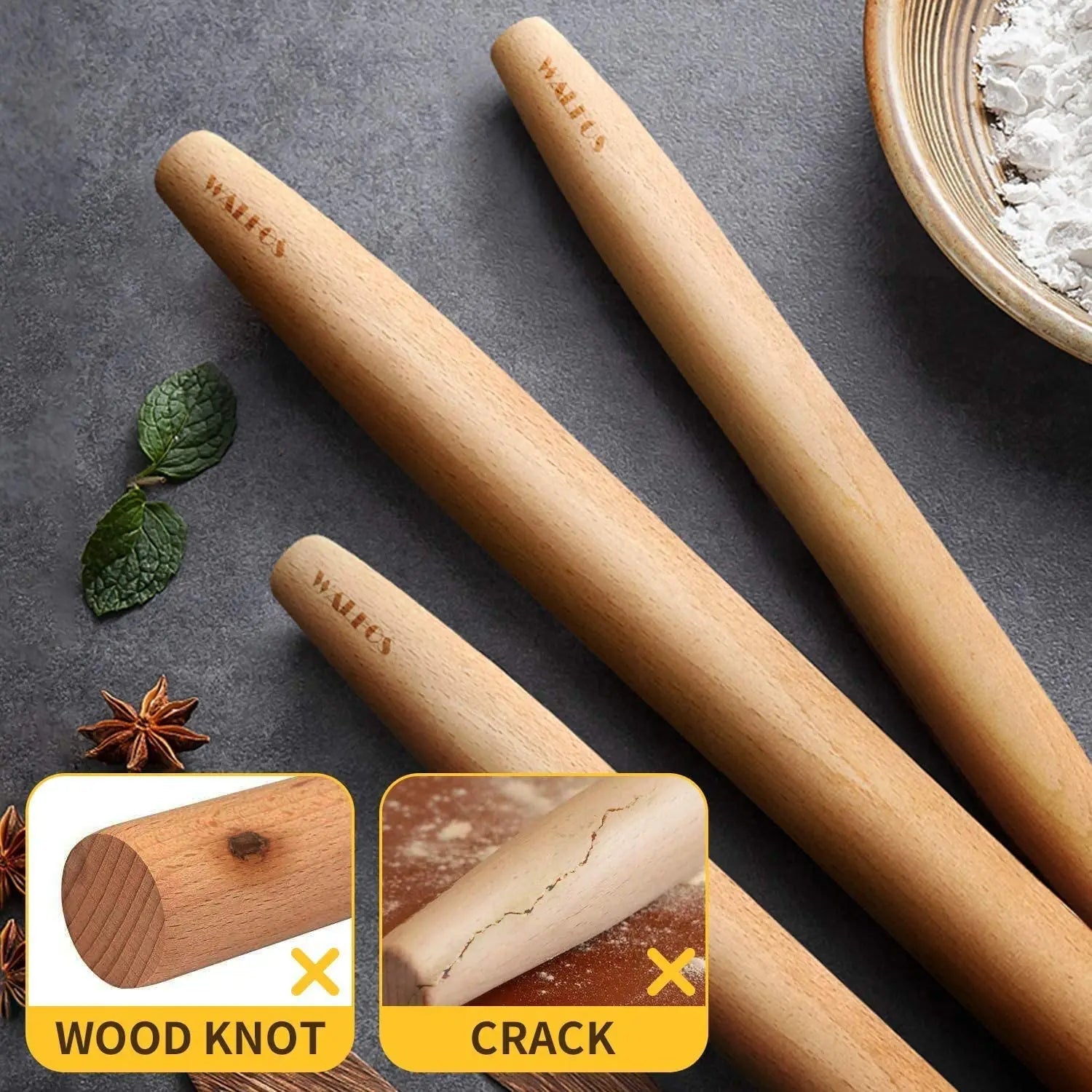 WALFOS French Rolling Pin and Silicone Pastry Mat Set Beech Wood Rolling Pin 18 Inch For Best Pie Crust Cookie Pasta Pizza Doug - Walfos® Kitchenware