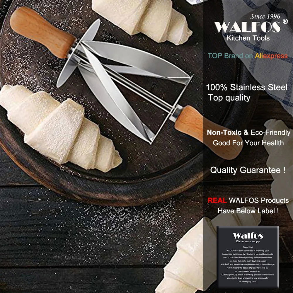 WALFOS  Stainless Steel Rolling Cutter for Making Croissant Bread Wheel Dough Pastry Knife Wooden Handle Baking Kitchen Knife - Walfos® Kitchenware