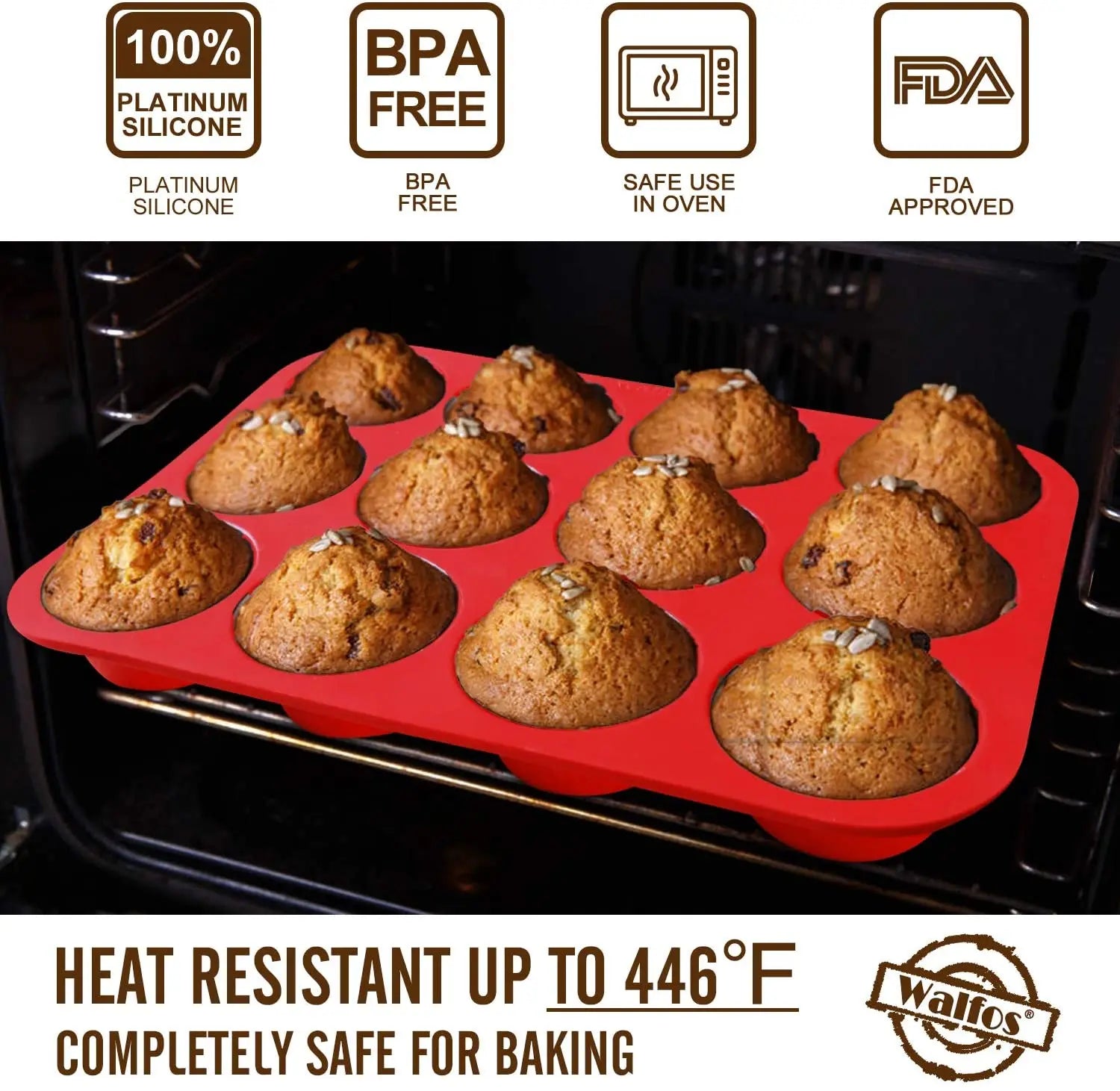 Walfos 100% Food Grade 12 Cup Silicone Muffin Pan &Cupcake Baking Pan Non-Stick Silicone Cake Mold Round Mini Muffin Pan Form - Walfos® Kitchenware
