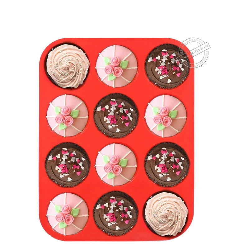 Walfos 100% Food Grade 12 Cup Silicone Muffin Pan &Cupcake Baking Pan Non-Stick Silicone Cake Mold Round Mini Muffin Pan Form - Walfos® Kitchenware