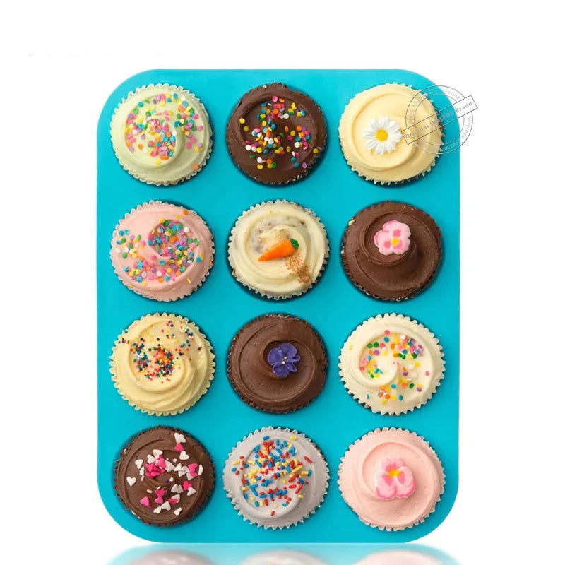 Walfos 100% Food Grade 12 Cup Silicone Muffin Pan &Cupcake Baking Pan Non-Stick Silicone Cake Mold Round Mini Muffin Pan Form - Walfos® Kitchenware