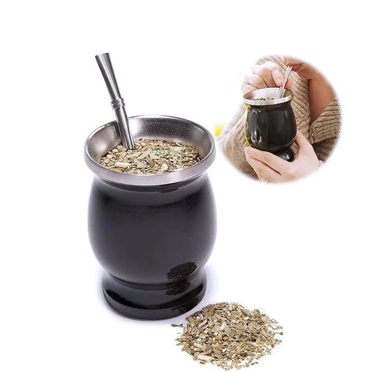 Walfos 1Pcs Natural Gourd Tea Cup Set 8 Ounces Bombillas Yerba Mate Straw Cleaning Brush Stainless Steel Double-Walled Milk Mug - Walfos® Kitchenware