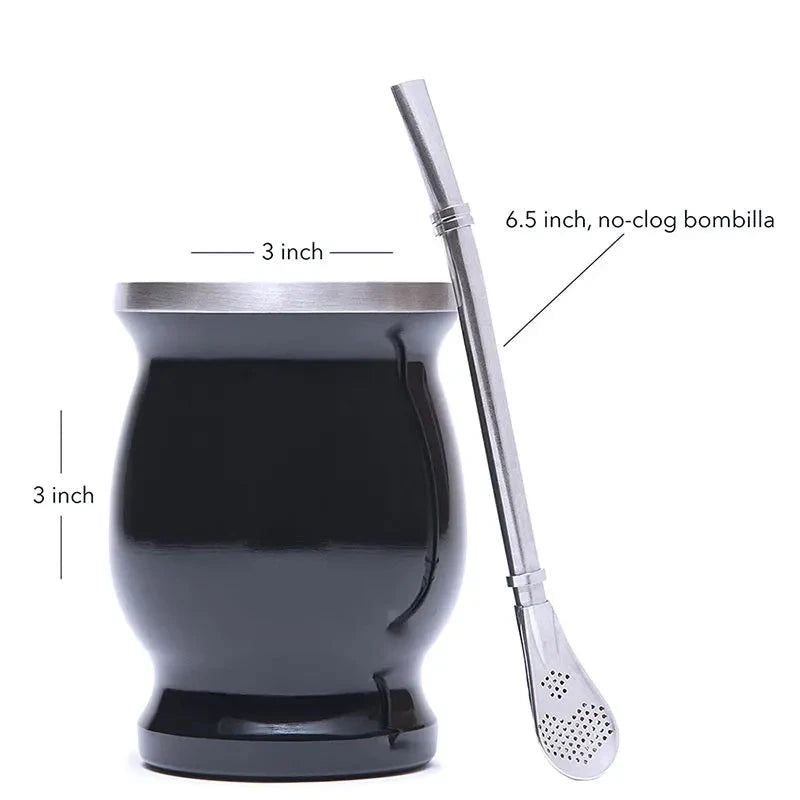 Walfos 1Pcs Natural Gourd Tea Cup Set 8 Ounces Bombillas Yerba Mate Straw Cleaning Brush Stainless Steel Double-Walled Milk Mug - Walfos® Kitchenware