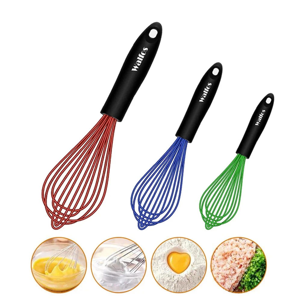Walfos 3 Pieces Silicone  Stainless Steel Wire Whisk - Mixing Bowl Kitchen Whisk For Non-Stick Egg Foamer Stirrer Kitchen Tool - Walfos® Kitchenware