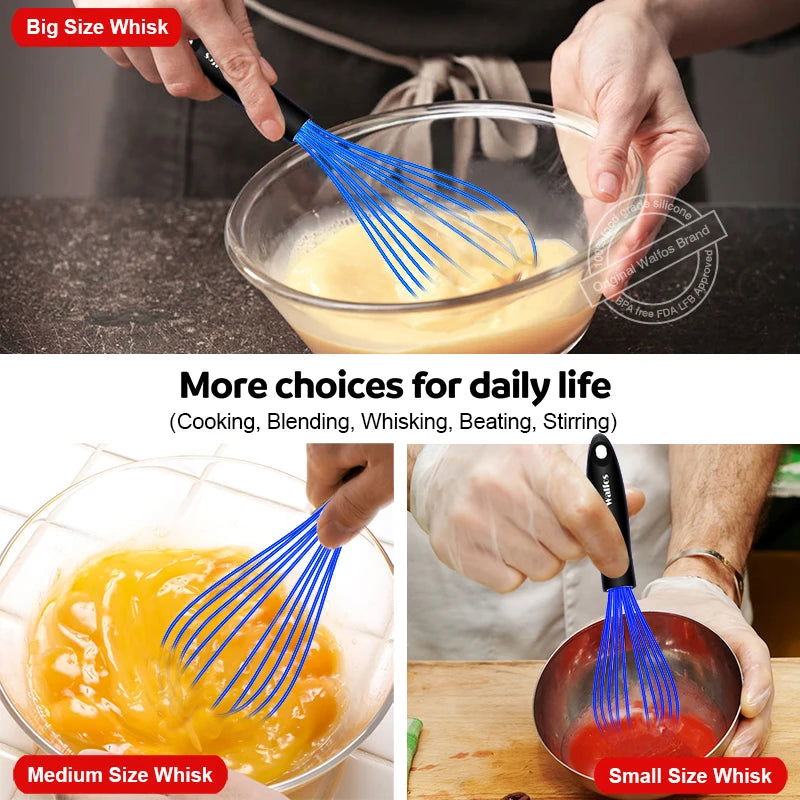 Walfos 3 Pieces Silicone  Stainless Steel Wire Whisk - Mixing Bowl Kitchen Whisk For Non-Stick Egg Foamer Stirrer Kitchen Tool - Walfos® Kitchenware