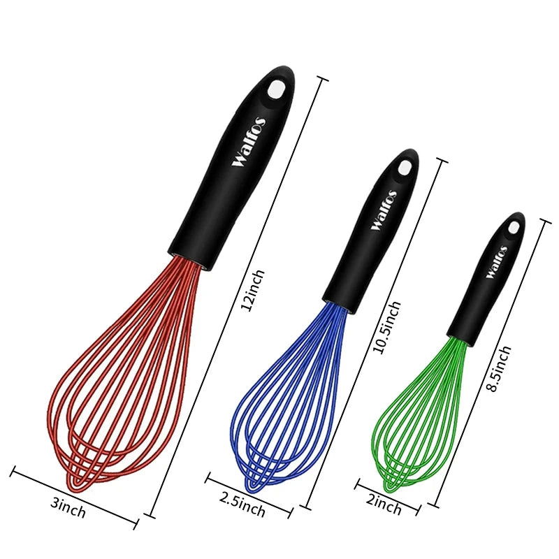 Walfos 3 Pieces Silicone  Stainless Steel Wire Whisk - Mixing Bowl Kitchen Whisk For Non-Stick Egg Foamer Stirrer Kitchen Tool - Walfos® Kitchenware