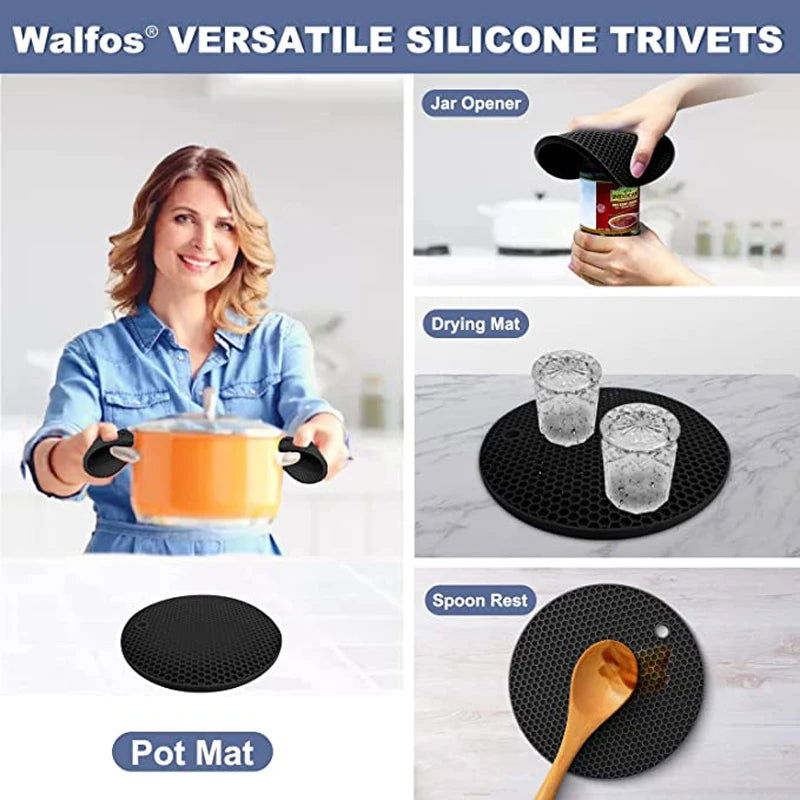 Walfos 4 Pieces Silicone Trivet Mats Pack Heat Resistant Pot Holders Set Multipurpose Non-Slip Hot Pads for Hot Pot Hot DishersJar Opener - Walfos® Kitchenware