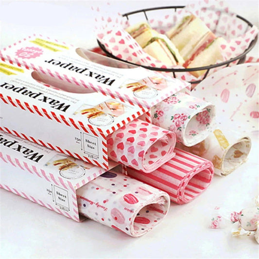 Walfos 50Pcs/Lot Wax Paper Pink Floral Food Grade Grease Paper Food Wrappers Wrapping Paper For Bread Fries Oilpaper Baking Tools - Walfos® Kitchenware