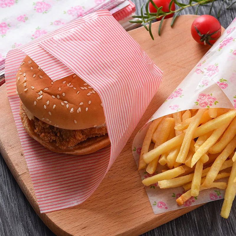 Walfos 50Pcs/Lot Wax Paper Pink Floral Food Grade Grease Paper Food Wrappers Wrapping Paper For Bread Fries Oilpaper Baking Tools - Walfos® Kitchenware