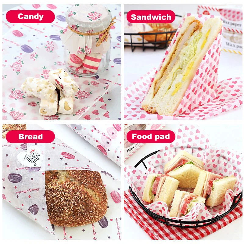 Walfos 50Pcs/Lot Wax Paper Pink Floral Food Grade Grease Paper Food Wrappers Wrapping Paper For Bread Fries Oilpaper Baking Tools - Walfos® Kitchenware