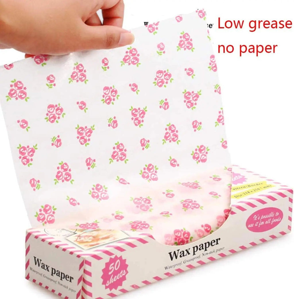 Walfos 50Pcs/Lot Wax Paper Pink Floral Food Grade Grease Paper Food Wrappers Wrapping Paper For Bread Fries Oilpaper Baking Tools - Walfos® Kitchenware