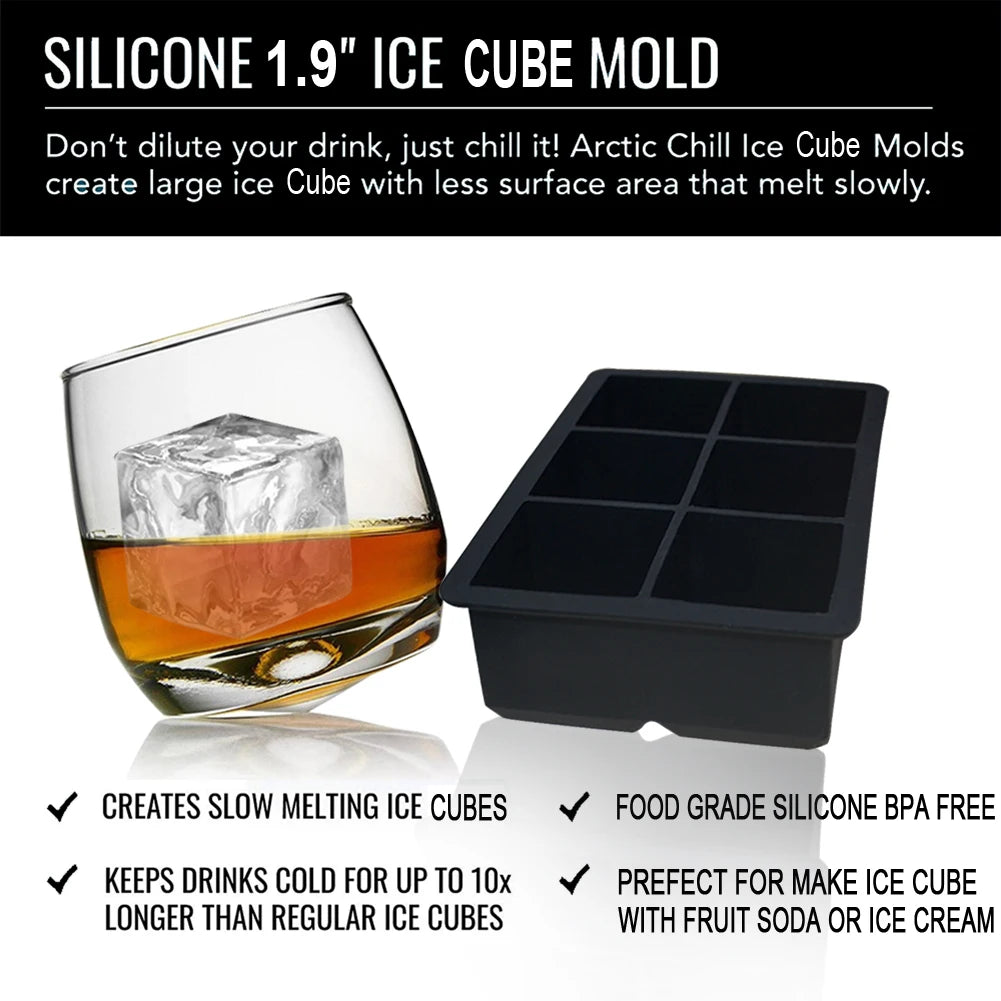 Walfos 6Grid Big Ice Tray Mold Jumbo Large Food Grade Silicone Ice Cube Square Tray Mold DIY Ice Maker Ice Cube Tray - Walfos® Kitchenware