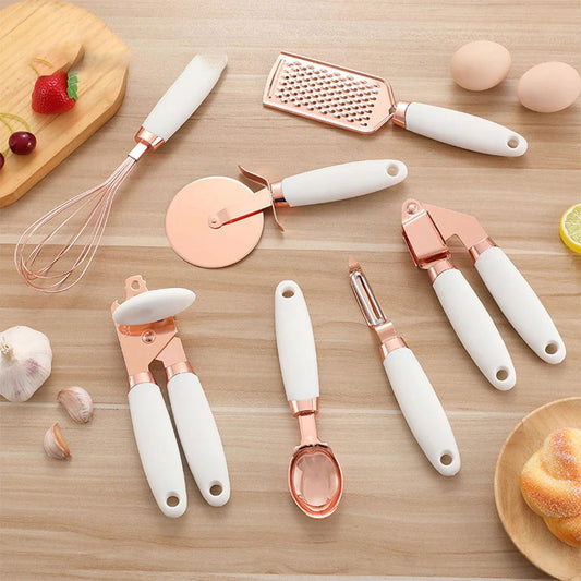 Walfos 7 Pcs Kitchen Gadget Set Copper Coated Stainless Steel Utensils with Soft Touch Rose Gold Garlic Press Pizza Cutter - Walfos® Kitchenware