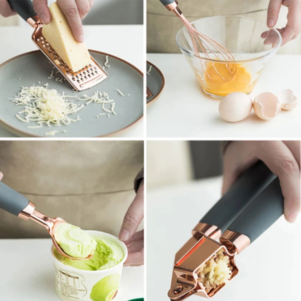 Walfos 7 Pcs Kitchen Gadget Set Copper Coated Stainless Steel Utensils with Soft Touch Rose Gold Garlic Press Pizza Cutter - Walfos® Kitchenware