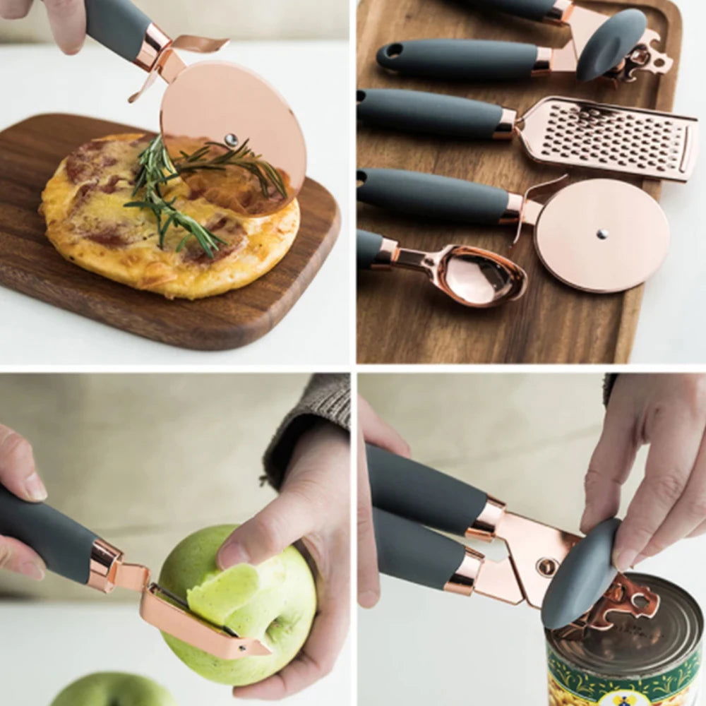 Walfos 7 Pcs Kitchen Gadget Set Copper Coated Stainless Steel Utensils with Soft Touch Rose Gold Garlic Press Pizza Cutter - Walfos® Kitchenware