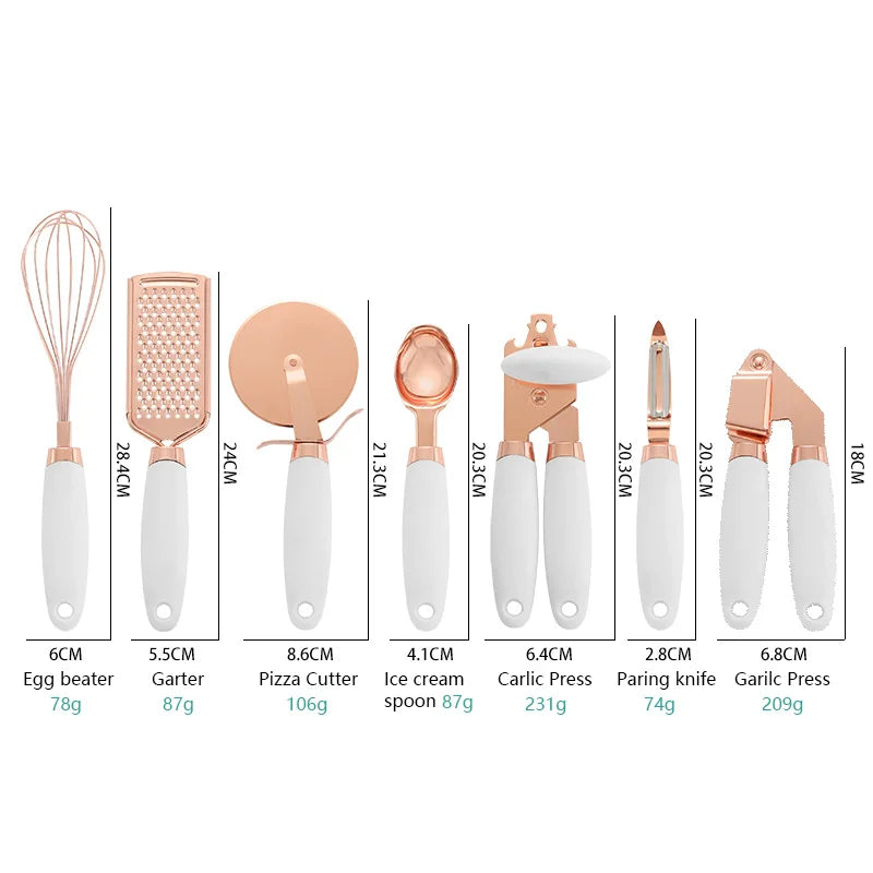 Walfos 7 Pcs Kitchen Gadget Set Copper Coated Stainless Steel Utensils with Soft Touch Rose Gold Garlic Press Pizza Cutter - Walfos® Kitchenware
