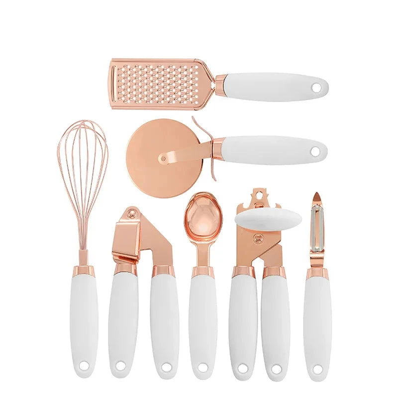 Walfos 7 Pcs Kitchen Gadget Set Copper Coated Stainless Steel Utensils with Soft Touch Rose Gold Garlic Press Pizza Cutter - Walfos® Kitchenware