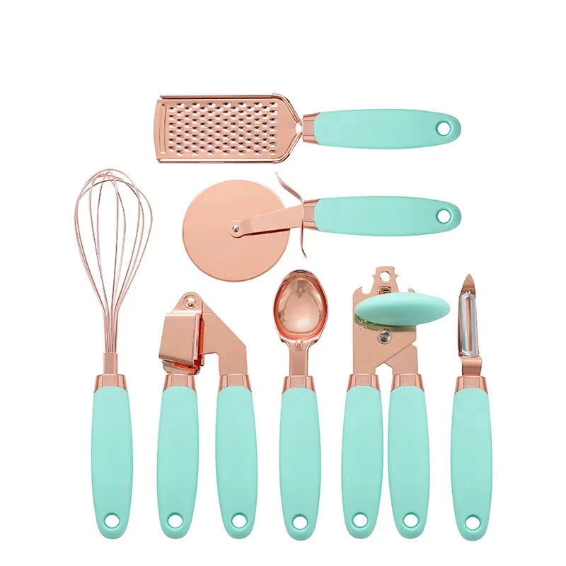 Walfos 7 Pcs Kitchen Gadget Set Copper Coated Stainless Steel Utensils with Soft Touch Rose Gold Garlic Press Pizza Cutter - Walfos® Kitchenware