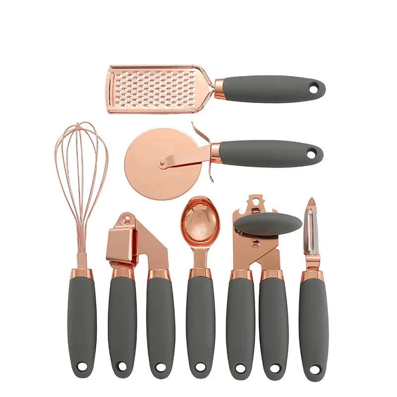 Walfos 7 Pcs Kitchen Gadget Set Copper Coated Stainless Steel Utensils with Soft Touch Rose Gold Garlic Press Pizza Cutter - Walfos® Kitchenware