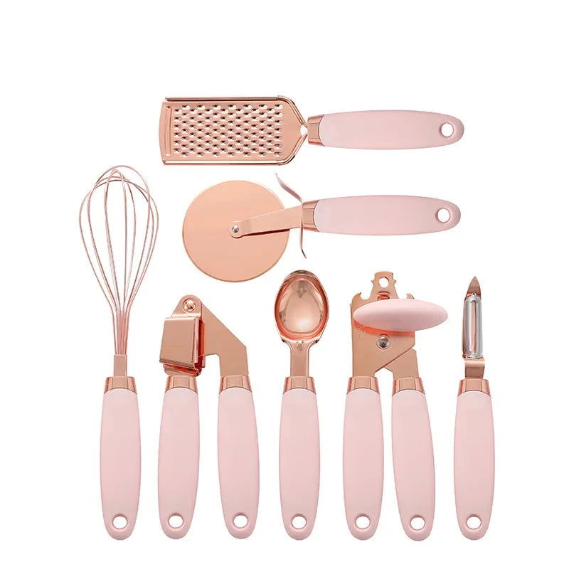 Walfos 7 Pcs Kitchen Gadget Set Copper Coated Stainless Steel Utensils with Soft Touch Rose Gold Garlic Press Pizza Cutter - Walfos® Kitchenware