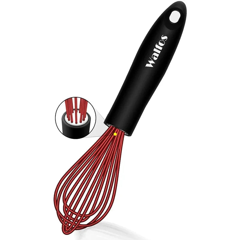 Walfos 8.5" Red Silicone Whisk Stainless Steel Wire Whisk Heat Resistant Kitchen Whisks for Non-Stick Cookware Balloon Egg - Walfos® Kitchenware