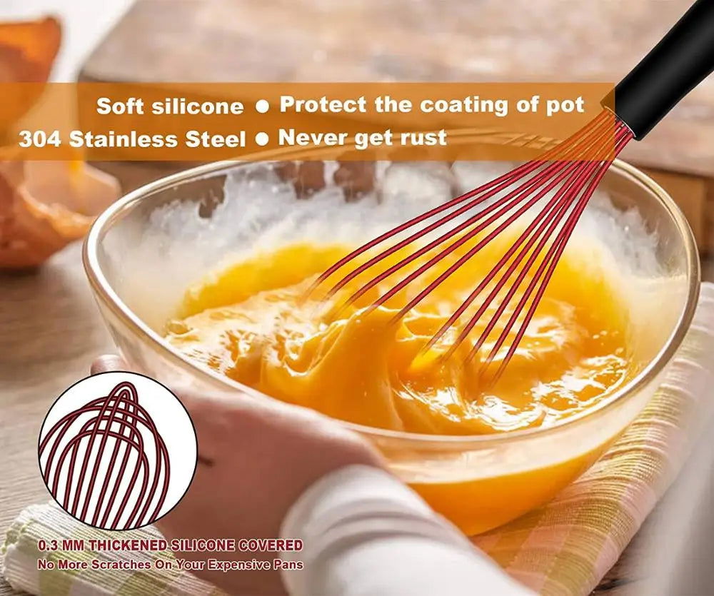 Walfos 8.5" Red Silicone Whisk Stainless Steel Wire Whisk Heat Resistant Kitchen Whisks for Non-Stick Cookware Balloon Egg - Walfos® Kitchenware