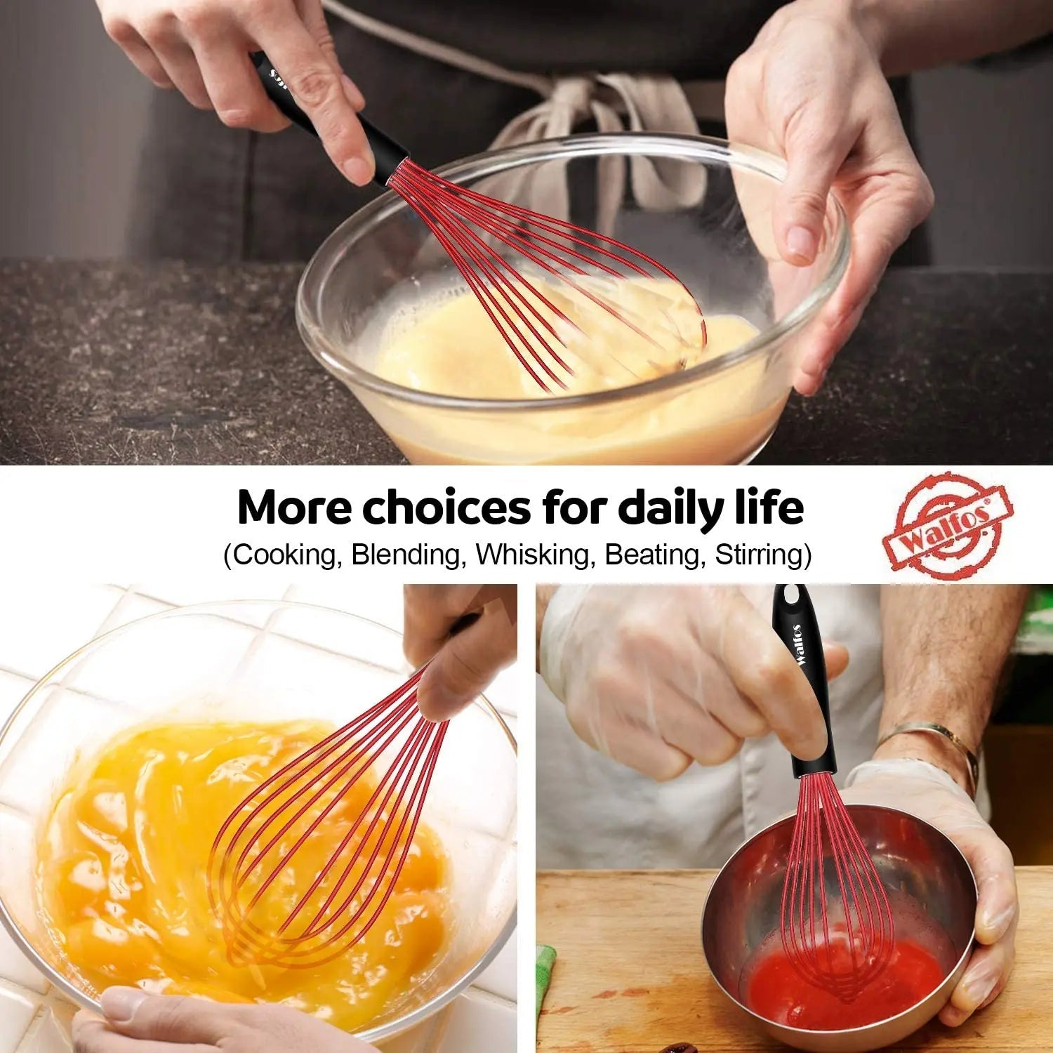 Walfos 8.5" Red Silicone Whisk Stainless Steel Wire Whisk Heat Resistant Kitchen Whisks for Non-Stick Cookware Balloon Egg - Walfos® Kitchenware