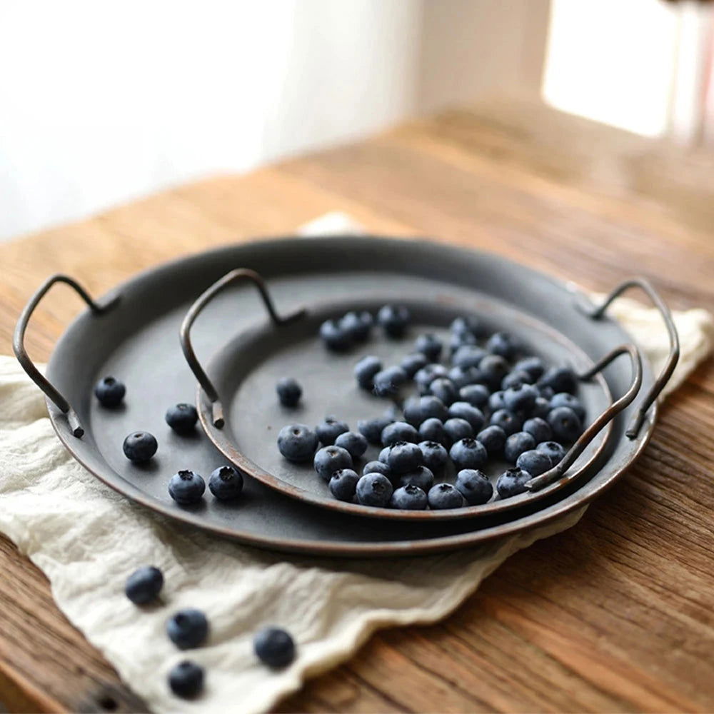 Walfos European Retro Metal Plate With Handle Handcrafted Round Wrought Vintage Storage Bread Tray Home Decoration - Walfos® Kitchenware