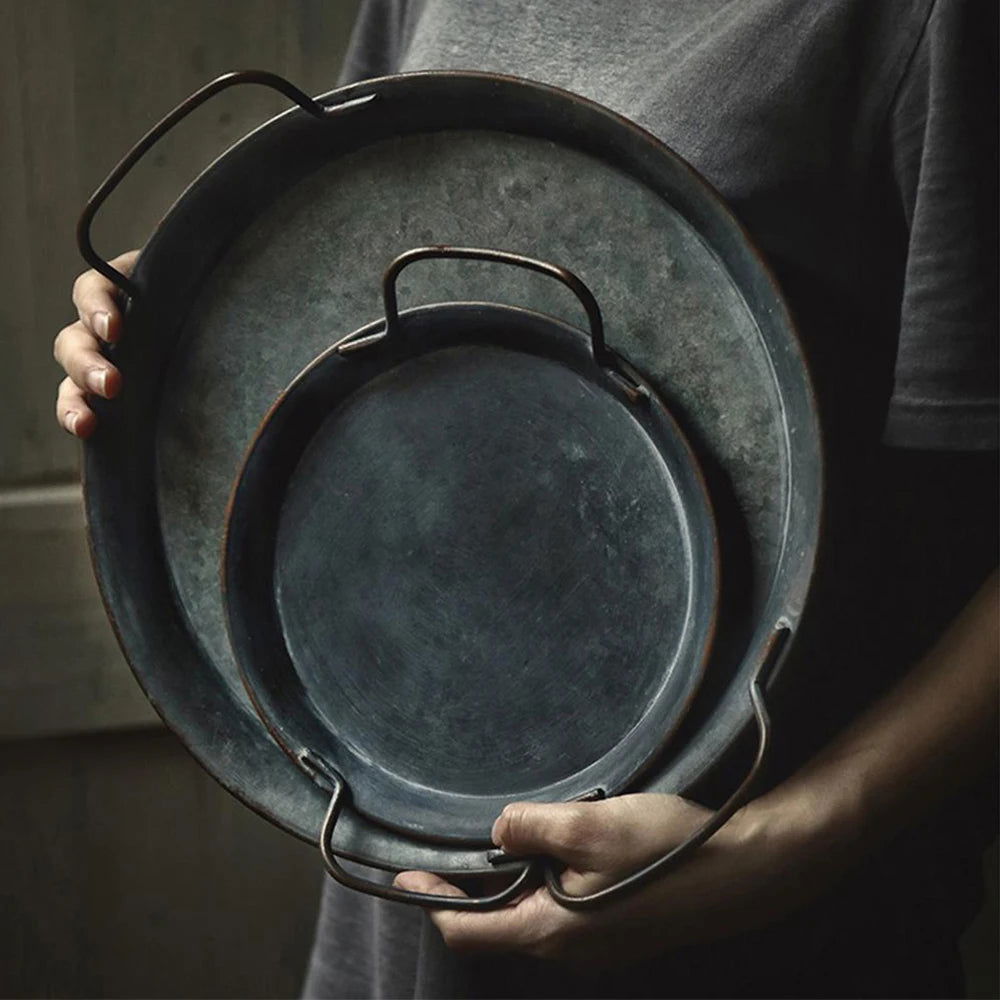 Walfos European Retro Metal Plate With Handle Handcrafted Round Wrought Vintage Storage Bread Tray Home Decoration - Walfos® Kitchenware