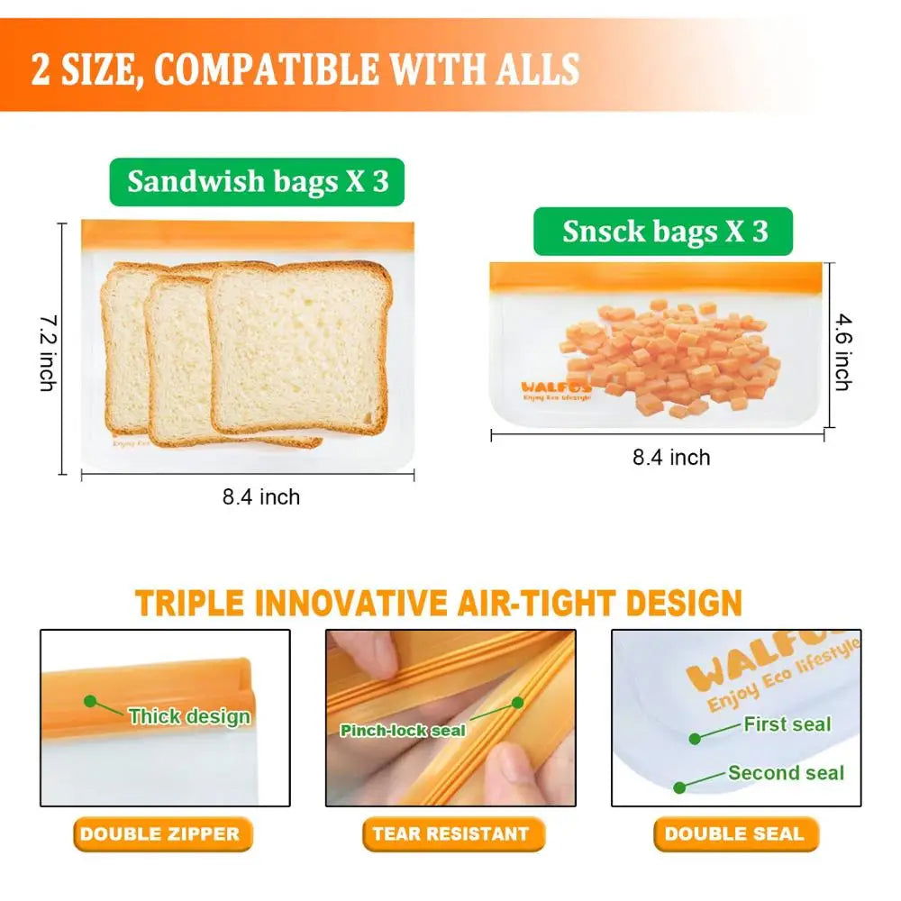 Walfos Food Storage Bag Reusable Freezer Bag Ziplock Bag Leakproof Top Silicone Bag Zero Waste Kitchen Organizer FDA BPA Free - Walfos® Kitchenware