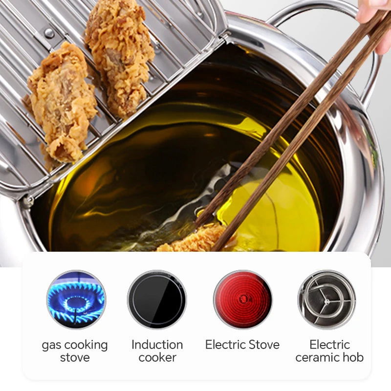 Walfos Fryer Household Temperature Control 304 Stainless Steel Oil-Saving Small Fryer Induction Cooker Gas Stove Tempura Fryer - Walfos® Kitchenware